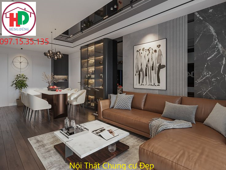 Nội thất chung cư tại Thủ Đức phong cách hiện đại với sofa xám và tủ gỗ MDF