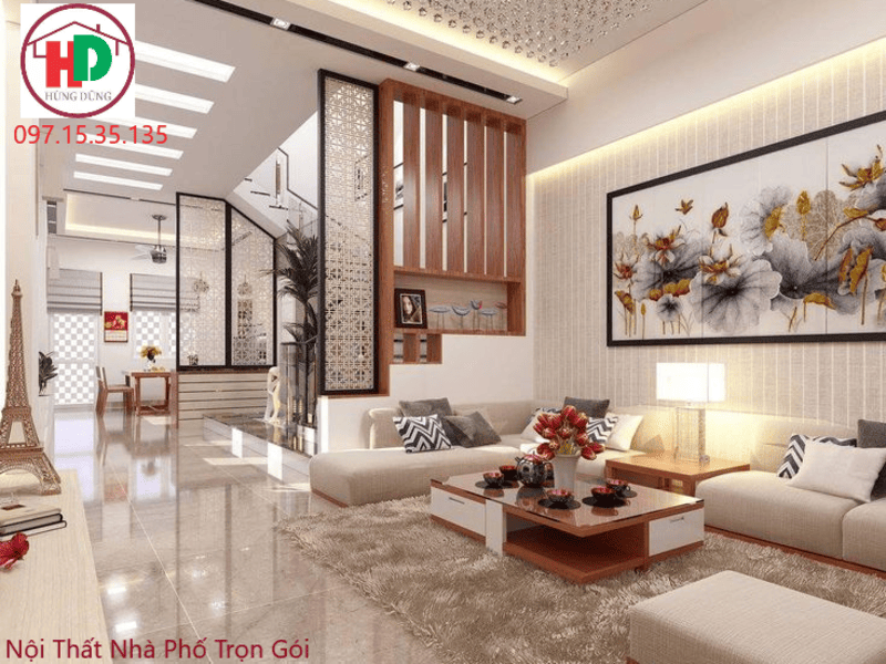 Thi công phòng khách nhà phố hiện đại năm 2025 – Hùng Dũng Decor