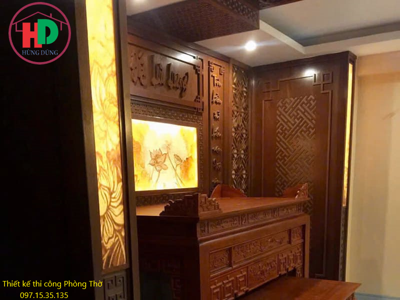 Phòng thờ hiện đại kết hợp vách CNC hoa sen